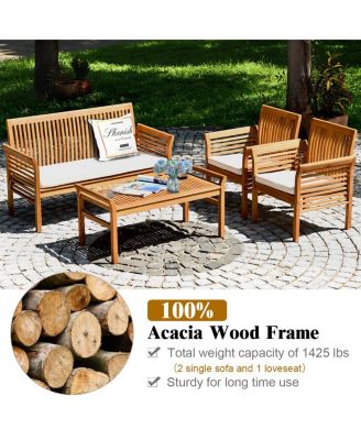 4 PCS Outdoor Acacia Wood Sofa Furniture Set Cushioned Chair Coffee Table Garden