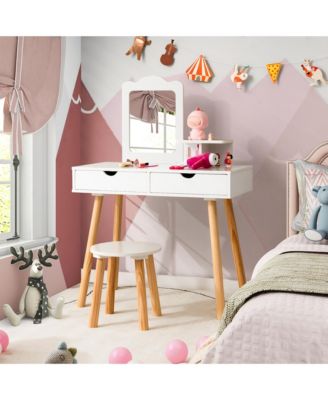Kid Vanity Table Chair Set with Mirror Large Storage Drawers Wooden Legs
