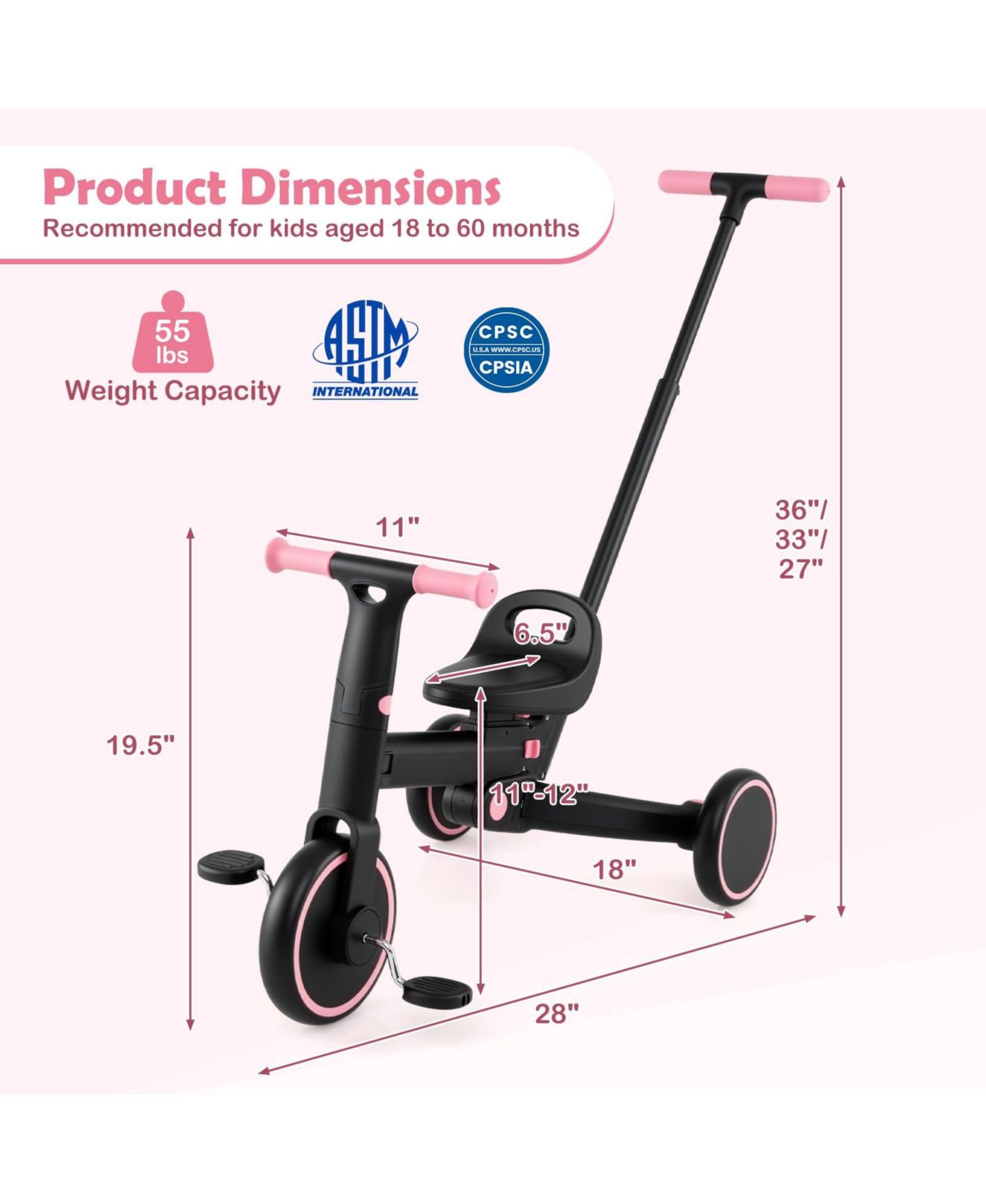 Детская игрушка Mecale 4-in-1 Foldable Tricycle With Push Handle, Ages 3+ — фото 3