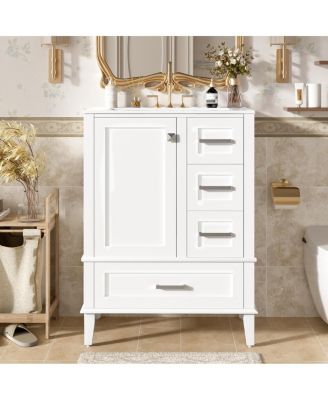 24.8" Bathroom Vanity with Ceramic Sink, Modern Freestanding Solid Wood MDF Cabinet, 3 Drawers Soft Close Door for Small Spaces