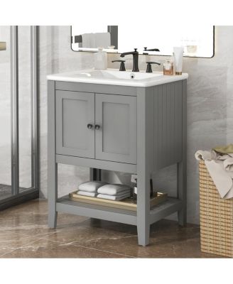 24" Bathroom Vanity with Ceramic Sink, Solid Wood Frame, Open Shelf Storage for Modern Small Spaces