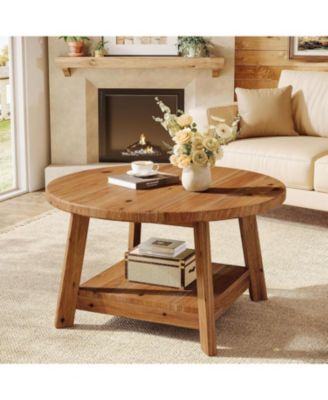 Solid Wood Round Coffee Table for Living Room, 31.5” Farmhouse Wooden 2-Tier Circle Center Cocktail Accent Table