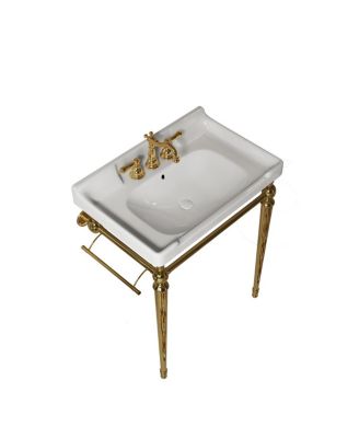 28" Bathroom Console Sink with White Ceramic Vanity, Wall Mounted Basin & Stainless Steel Legs, Towel Bar Included