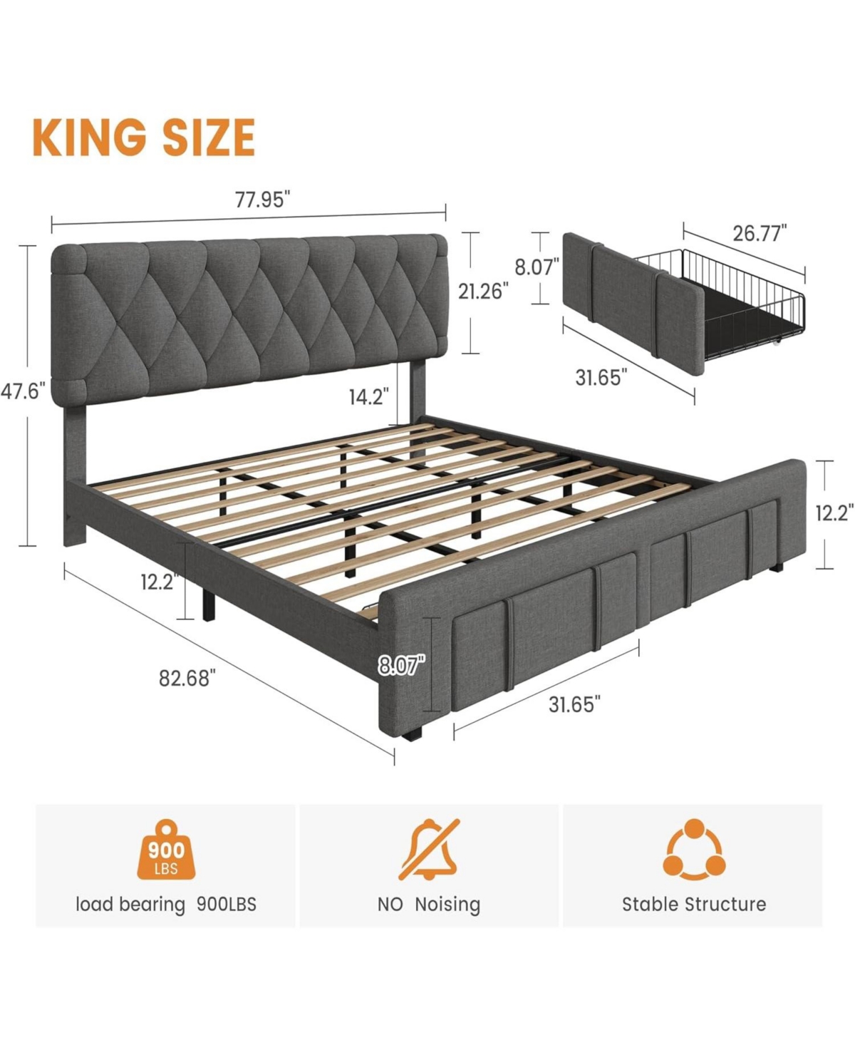 gaomon Upholstered Platform Bed Frame with Storage Drawers, Mattress Foundation Solid Wooden Slats Support