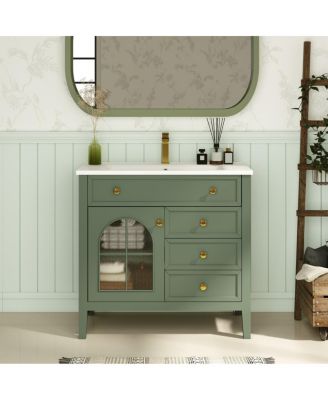 Bathroom Vanity with Sink, Medieval Glass Doors, Motion Sensor Lighting, Flip Drawer & Adjustable Storage for Modern Homes