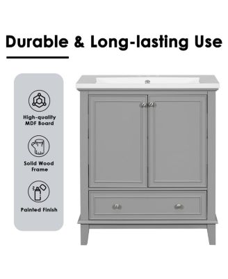 Bathroom Vanity with Ceramic Sink, Adjustable Shelf, Multi-Functional Storage, Solid Wood & MDF