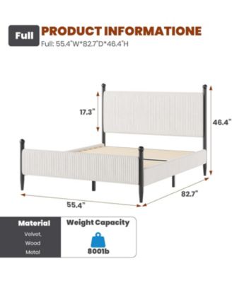 Full Bed Frame with Velvet Upholstered Corduroy Headboard, Wooden Slats Support and Heavy-Duty Platform Design