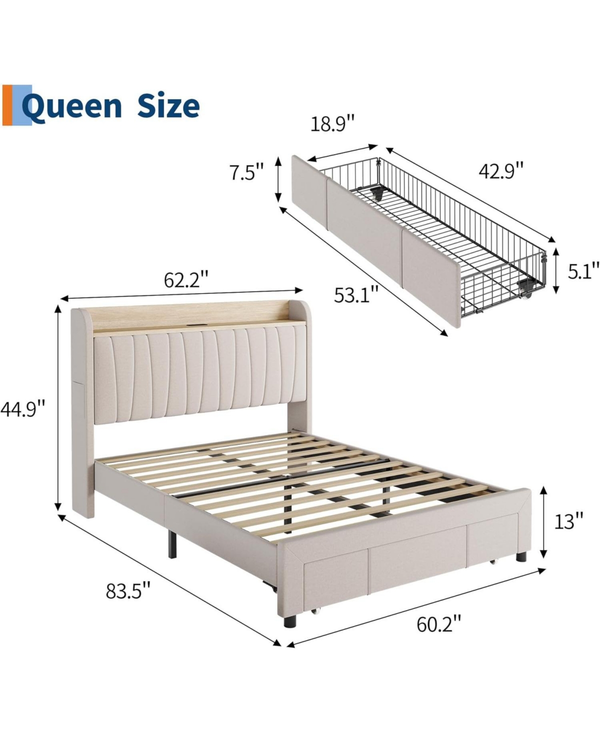 gaomon Bed Frame with Storage Headboard, Upholstered Platform Beds Drawers, Charging Station, Noise-Free