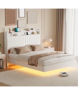 Floating Bed Frame Queen RGB LED Lights Charging Station 50 Headboard Leather Upholstered Platform No Box Spring