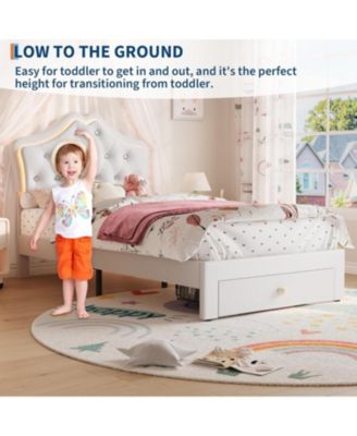 Twin Velvet Upholstered Platform LED Lights Crystal Button Headboard Storage Drawer Noise-Free No Box Spring
