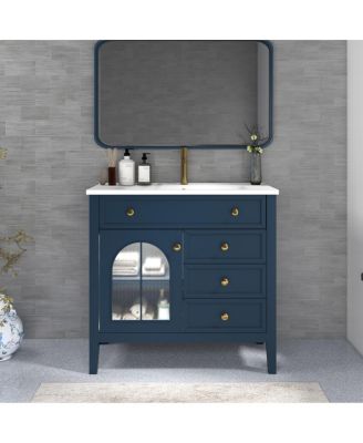 Bathroom Vanity with Sink, Medieval Glass Doors, Motion Sensor Lighting, Flip Drawer & Adjustable Storage for Modern Homes