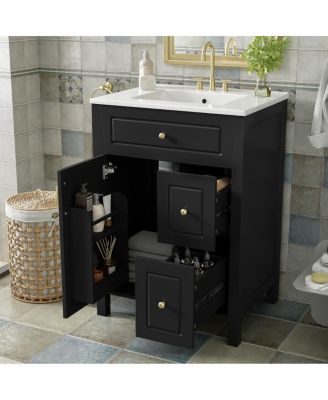 Bathroom Vanity with Ceramic Sink, Soft Close Door & Drawers, Double Storage Racks for Small