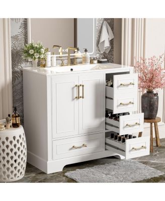  Traditional Bathroom Vanity with Ceramic Sink, Soft Close Doors & 4 Drawers, Ample Storage Cabinet for Main Bathrooms