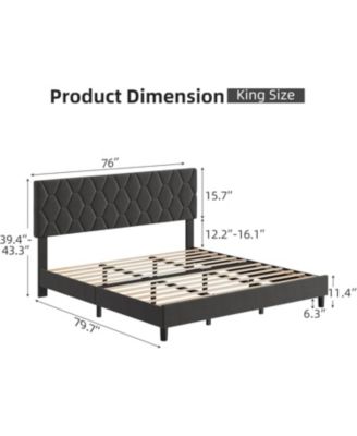 King Platform Bed Frame Upholstered Headboard Adjustable Fabric Diamond Pattern Soft Fabric Wood Slat Support