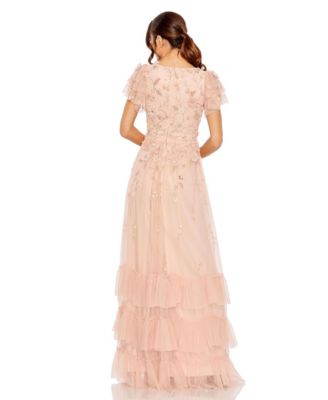 Women's Ruffle Tiered Embellished Faux Wrap Flutter Sleeve Gown