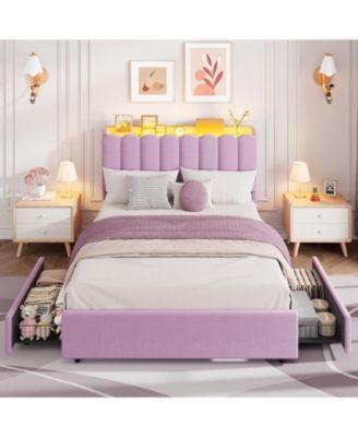 Full Boucle Upholstered Platform Bed Wavy Headboard Storage Bookcase 2 Drawers No Box Spring