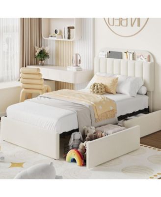 Twin-XL Boucle Upholstered Platform 2 Storage Drawers Bookcase Headboard Noise-Free Easy Assembly No Box Spring
