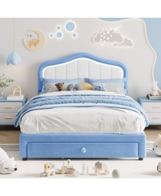 Full LED Upholstered Bed Frame Storage Drawer Velvet Platform No Box Spring Wooden Slats Easy Assembly