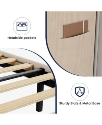 Wingback Bed Frame Vertical Stripe Velvet Upholstered 2 Storage Pockets Wood Slats Easy Assembly No Box Spring.