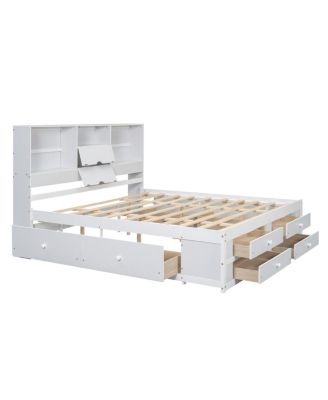  Platform Bed with Storage Headboard and 8 Drawers