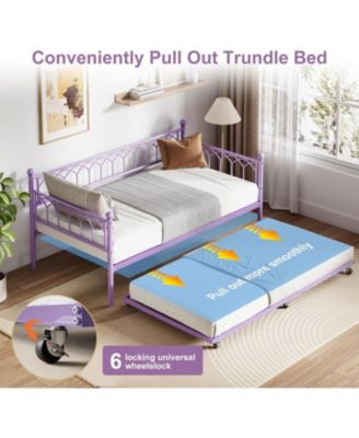 Daybed with Trundle, Metal Twin Trundle Bed with Charging Station & LED Lights, Sofa Beds Frame with Pull Out Bed for Living Room, Guest Room.