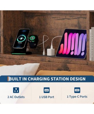 Queen Size Bed Frame High Storage Bookcase Headboard 4 Drawers Charging Station Metal Noise-Free No Box Spring