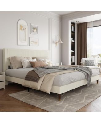 Upholstered Platform Bed Fabric Headboard Wooden Metal Slats Noise-Free Easy Assembly No Box Spring