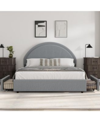 Full Bed Frame Storage Drawers Upholstered Boucle Platform Round Headboard Heavy Duty Noise-Free No Box Spring Light