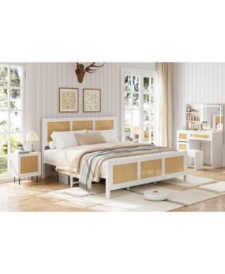 Full Bohemian Rattan Platform Bed Frame Headboard Strong Metal Slats Support Noise Free Design No Box Spring