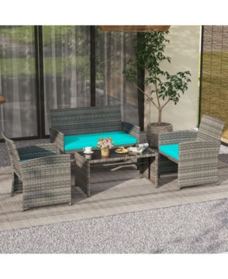 4PCS Patio Outdoor Conversation Set w/Seat Cushions and Tempered Glass Tabletop