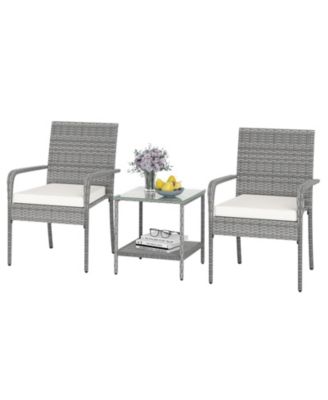 3 Pieces Patio Furniture Set PE Rattan Porch Chairs w/ 2-Tier Table