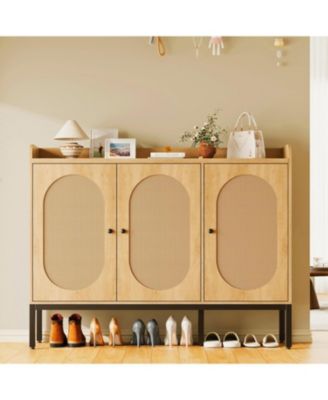 Rattan Shoe Cabinet with 3 Flip Doors 8-Tier Freestanding Shoe Storage Cabinet with Adjustable Shelves Large Capacity Shoe Organizer