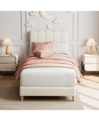 Twin Boucle Bed Frame Wave Headboard Upholstered Platform Wood Slat Support No Box Spring Easy Assembly