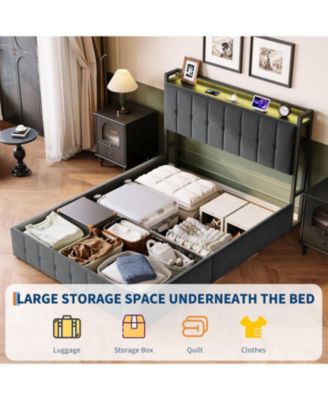  Bed Frame Lift-Up Storage LED Lights Upholstered Velvet Charging Headboard Metal Frame No Box Spring