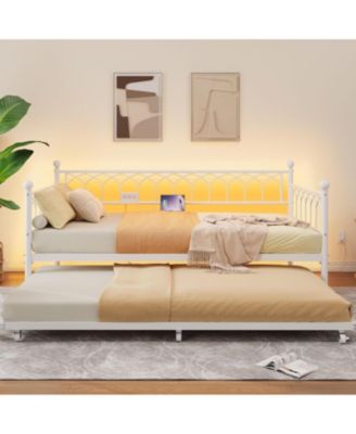 Metal Daybed with Trundle Sofa Bed Frame Charging Station LED Lights for Living Room Guest Room