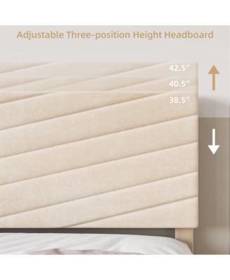 Bed Frame Velvet Upholstered Platform Adjustable Headboard Solid Wood Slats Support No Box Spring Easy Assembly Noise Free.