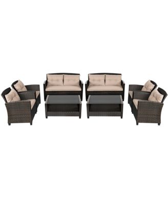8pcs Patio Rattan Conversation Set Cushioned Outdoor Furniture Set