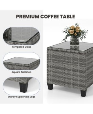 Set of 3 Wicker Rocking Set Patio w/ Tempered Glass Table and Soft Cushions