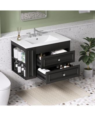 30" Wall Mounted Bathroom Vanity with Sink, Modern MDF Cabinet, 2 Drawers and Open Shelves for Small Spaces