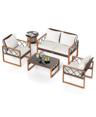 5 PCS PE Wicker Patio Furniture Set w/Acacia Wood Frame Cushions for Deck Garden