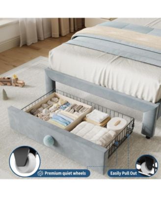 Upholstered Bed Frame 2 Storage Drawers Velvet Princess Platform Double Wavy Headboard Wood Slats No Box