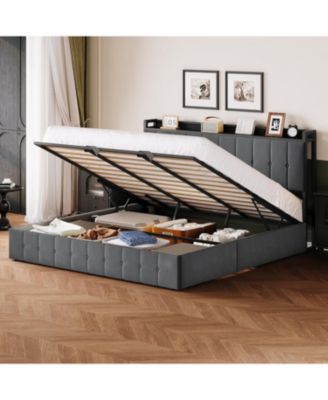 Bed Frame Lift-Up Storage Upholstered Velvet Tufted Headboard Metal Frame Wooden Slats No Box Spring