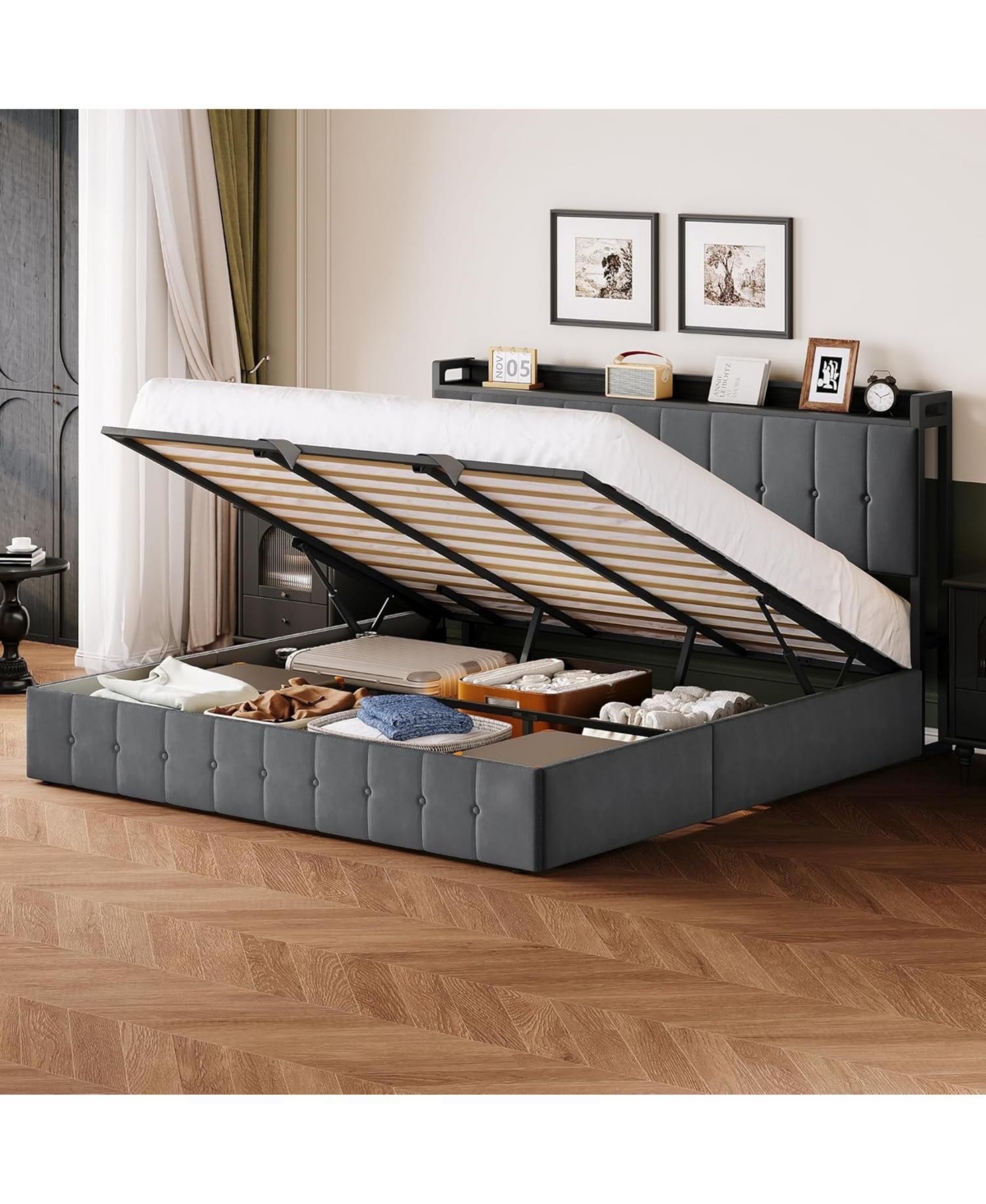 gaomon Bed Frame Lift-Up Storage Upholstered Velvet Tufted Headboard Metal Frame Wooden Slats No Box Spring