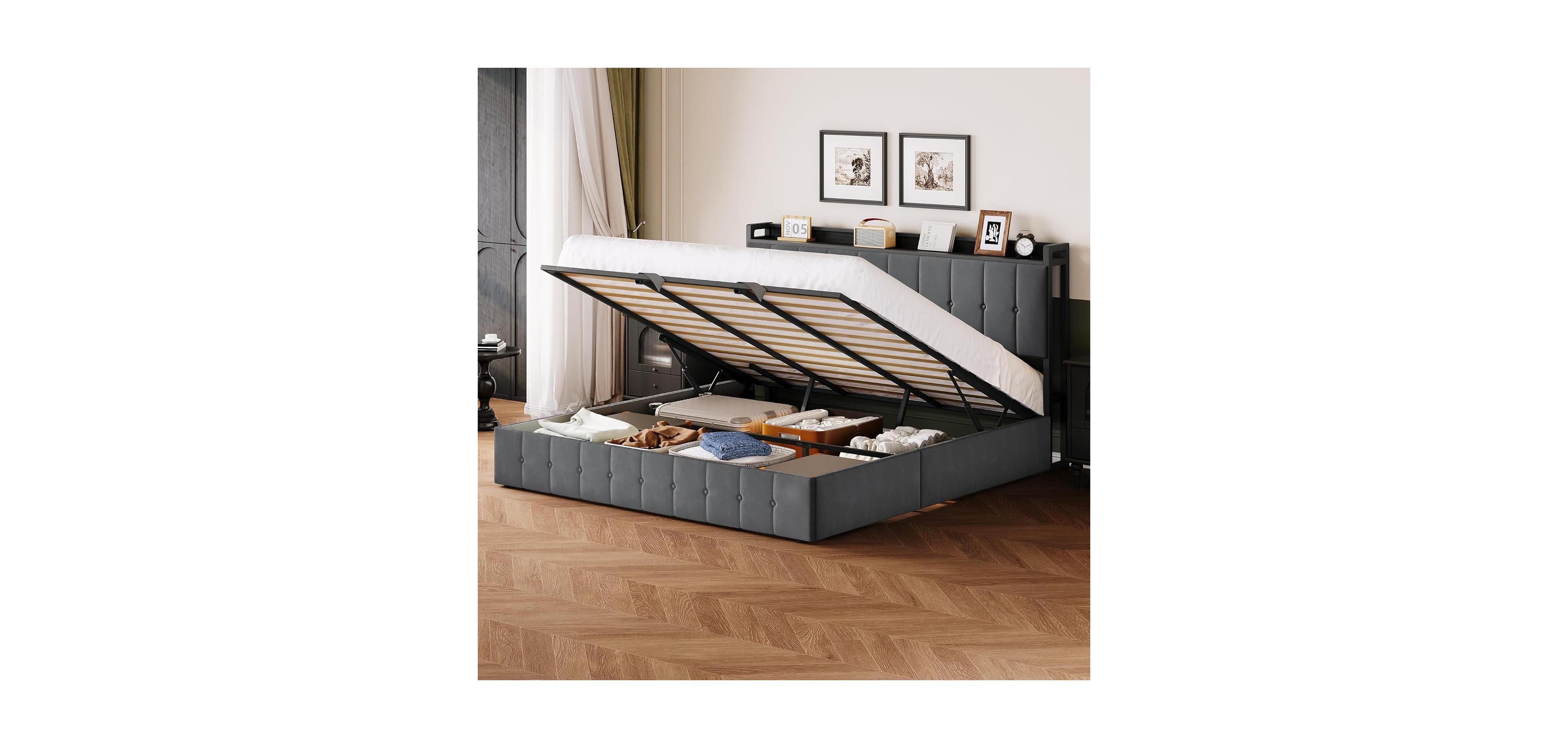 gaomon Bed Frame Lift-Up Storage Upholstered Velvet Tufted Headboard Metal Frame Wooden Slats No Box Spring