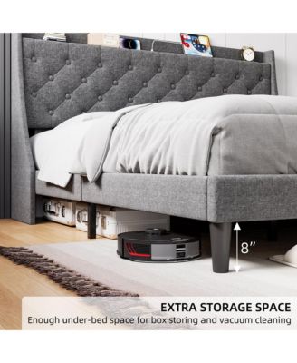  Upholstered Bed Frame Wingback Headboard Linen Deep Button Tufted Storage Shelf Charging USB No Noise Box Spring Optional