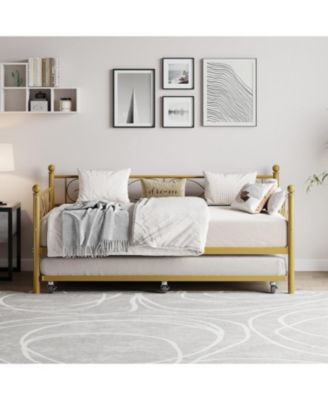 Twin Daybed with Trundle Space-Saving Gold Metal Frame Storage Clearance Heavy Duty Slats Elegant Design