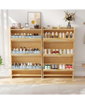 3 Flip-Drawer Shoe Storage Cabinet - Free Standing Narrow Organizer with Rattan Doors for Entryway and Hallway