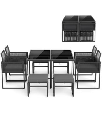 Set Of 9 Patio Dining Set w/ PE Rattan Chairs Tempered Glass Table and Ottomans