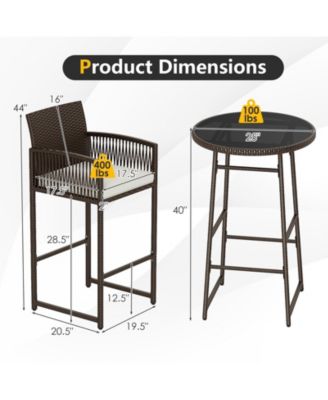 3 Piece Wicker Patio Bar Set w/ 2 Seat Cushions Glass Tabletop for Backyard
