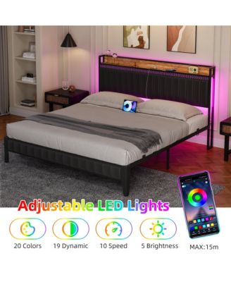 Queen Bed Frame Led Light Charging Station Upholstered Platform Storage Headboard Metal Slat Easy Assembly Noise Free Black